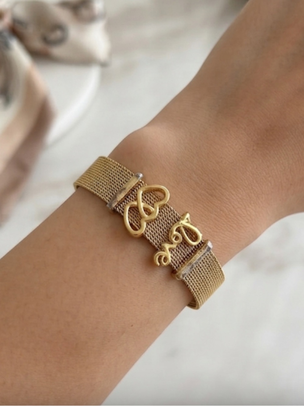 Gold Mesh Bracelet with Heart Accents